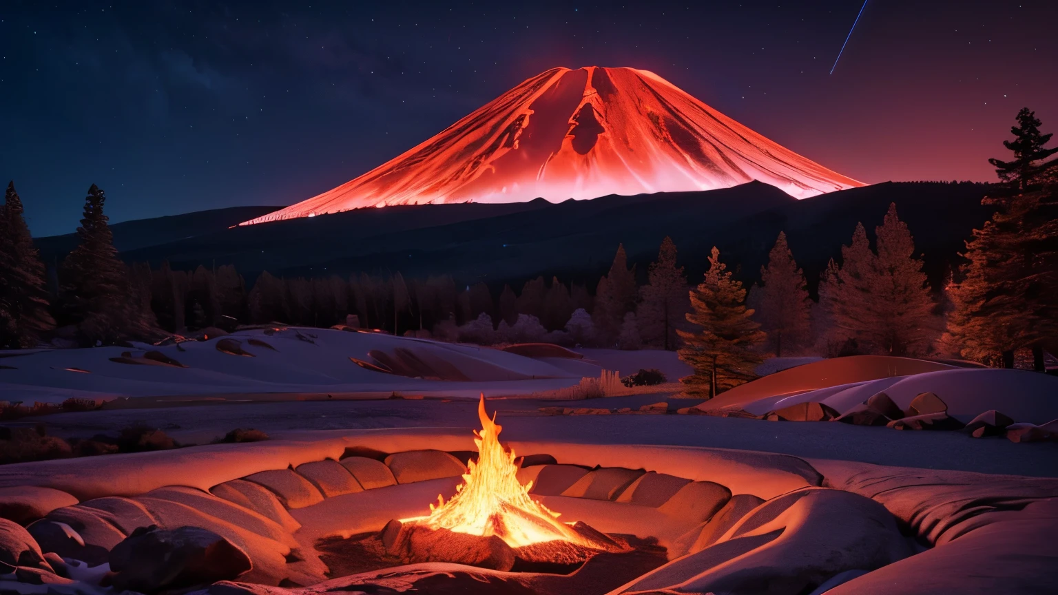 ((best quality)), (detailed), (landscape), Mt Shasta at night, lava flowing down the mountain, (a red aura in the night sky), HDR, 4k, 3D