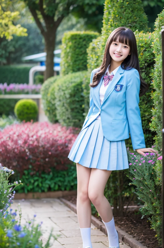 highest quality、masterpiece、High resolution、4K、real 18 year old woman、Light blue blazer、pleated mini skirt、garden、smile、high school girl、medium long hair、1 girl、