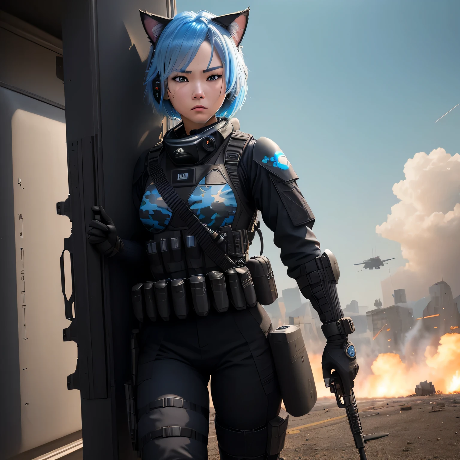 (8k, HDR, RAW photo, best quality, masterpiece:1.2, cinematic lighting), close up view, cinematic view, cinematic angle, a scene of battlefield, (Korean woman holding shield in battlefield), military, combat pose, solo, (thin face), realistic beautiful face, very detailed face, angry face, serious, (bob cuts hair), ((sky blue hair)), path traced hair, (sky blue cat ears), ((sky blue eyes)), beauty eyes, (flat chest), (small breast), ((tactical black headset)), black camo uniform, black shoulder pads, black tactical vest, black armor pads, tactical socks, black tactical pants, detailed and complex busy background, barricade, shooting, bullet rain, fire, explosion, (Battlefield:1.3), look up, upper body