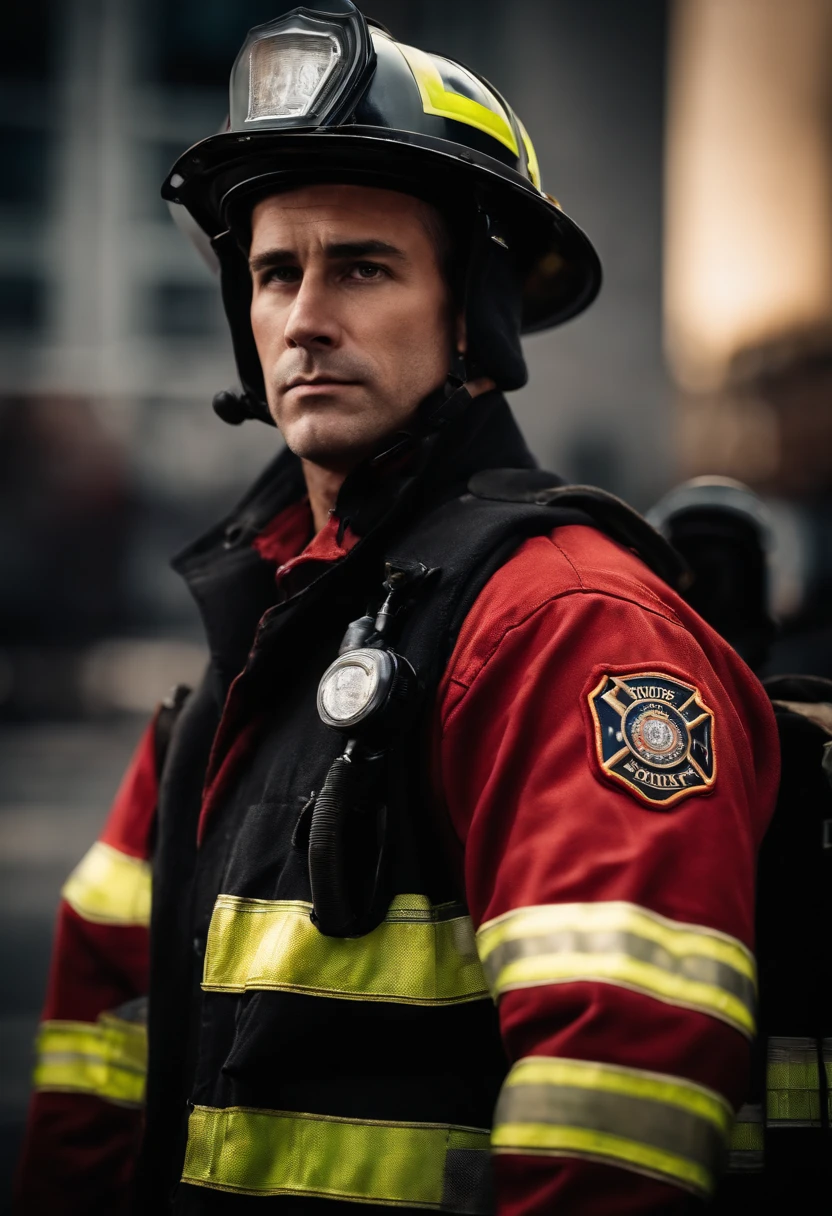 a high-angle shot of a firefighter with crossed arms, standing tall and commanding respect and admiration