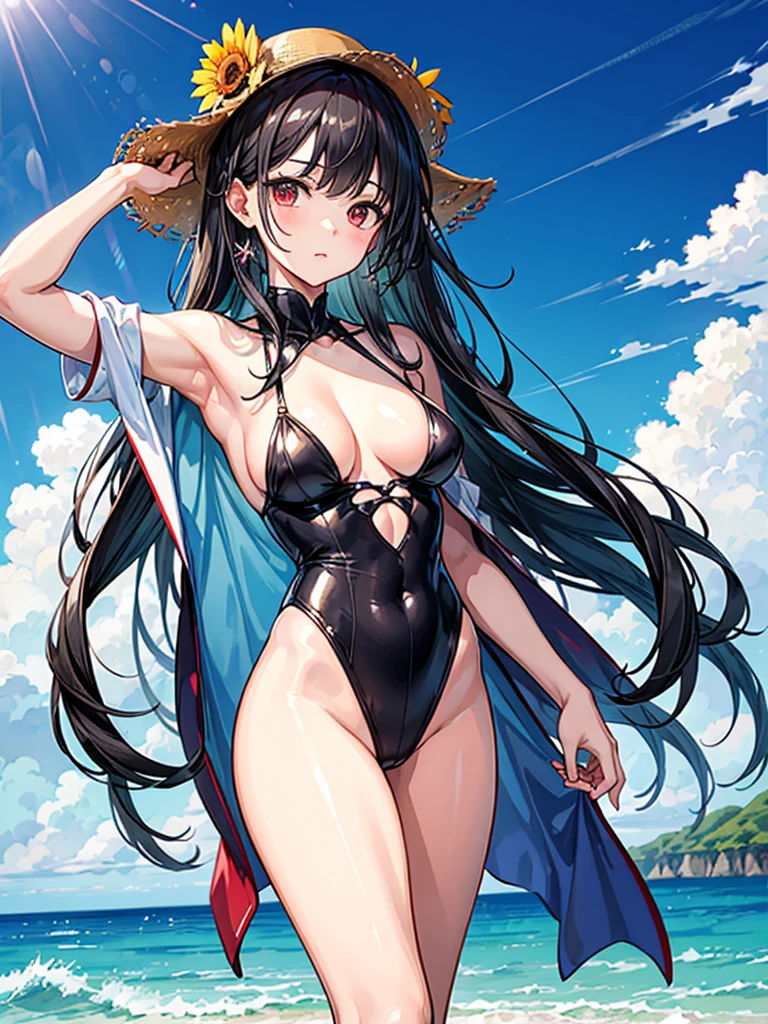 （（（masterpiece、Highest image quality、highest quality、highly detailed unity 8ｋwallpaper）））、（（Illustration of one girl））、（（（beautiful girl）））、（（black hair、Very Longhair、straight：1.2、red eyes））、（tall、stocky build, thickset physique, muscular legs, broad shoulders, solid chest）、swimsuit、sandy beach