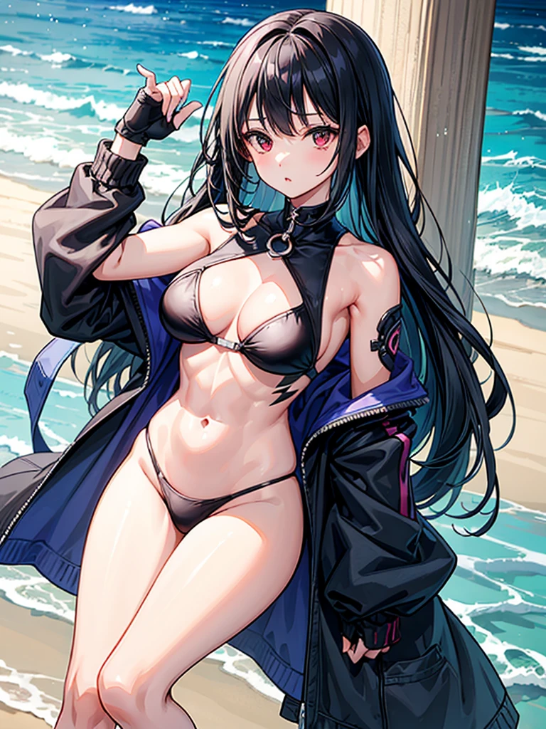 (((masterpiece、Highest image quality、highest quality、highly detailed unity 8kwallpaper)))、((Illustration of one girl))、(((beautiful girl)))、((black hair、Very Longhair、straight:1.2、red eyes))、(tall、stocky build, thickset physique, muscular legs, broad shoulders, solid chest)、swimsuit、sandy beach