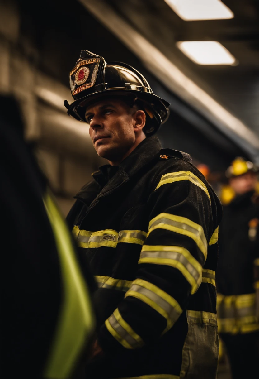 a candid shot of a firefighter with crossed arms sharing a moment of reflection or camaraderie with their colleagues, highlighting the human side of their profession