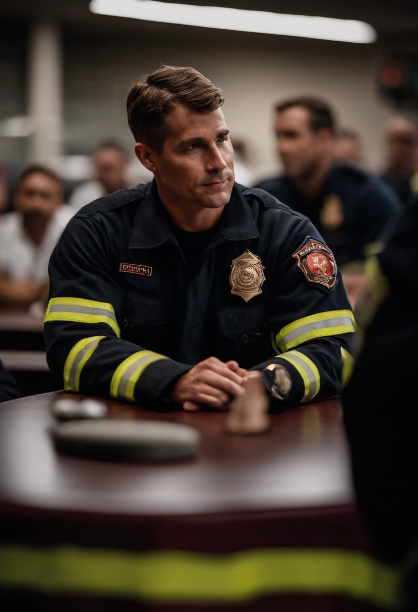 a candid shot of a firefighter with crossed arms sharing a moment of reflection or camaraderie with their colleagues, highlighting the human side of their profession