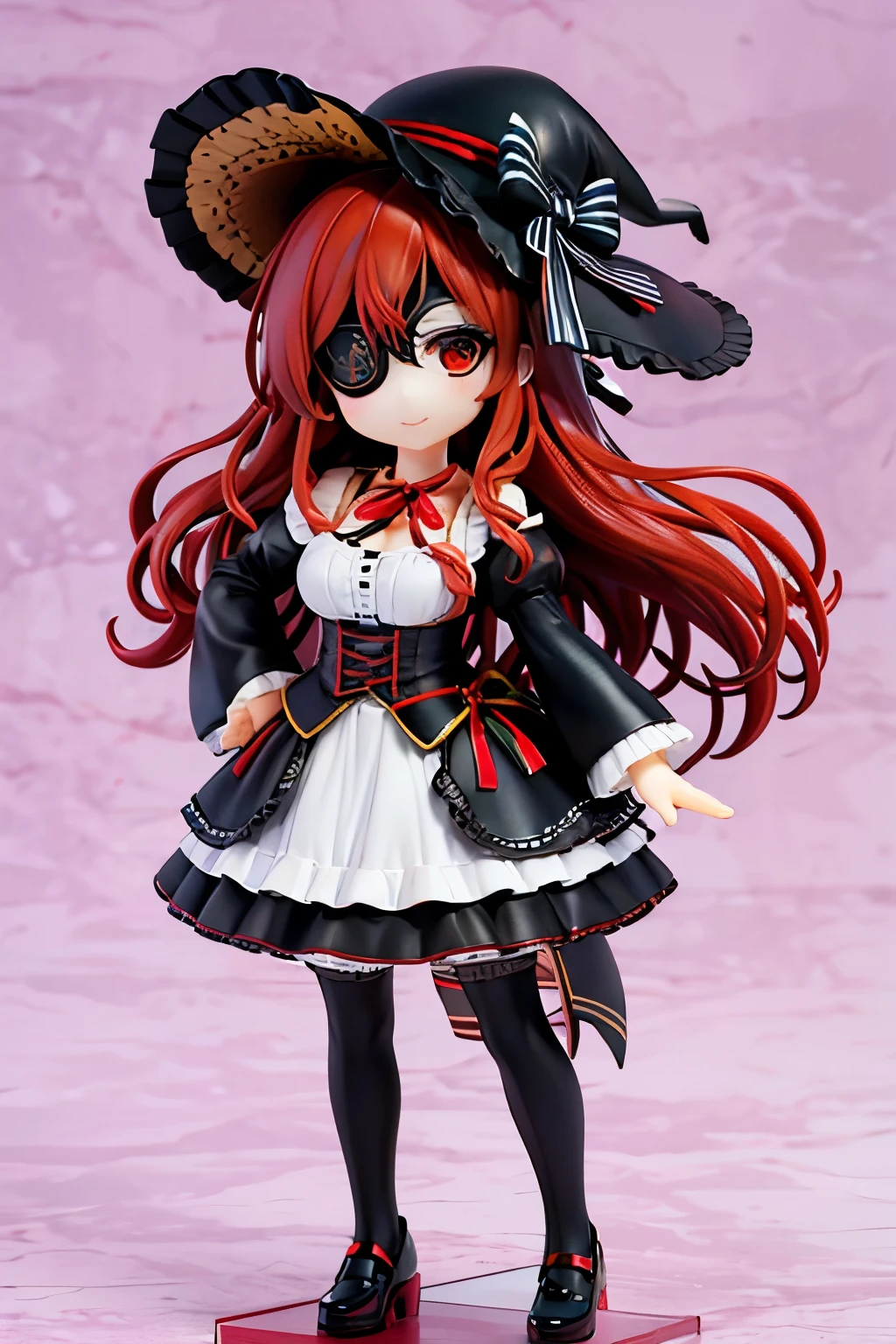 ((best quality)), ((masterpiece)), (detailed), perfect face, perfect eyes, perfect body, ((eyepatch:1.2)), (long hair:1.4), (red hair, red eyes:1.4), Hwa Ryun, smile, 1girl, solo, hat, big hat, skirt, legging, witch hat, dirndl gown, black headwear, black dirndl gown, smile, black skirt, looking at viewer, black legging, long sleeves, black sleeves, bangs, frilled skirt, frills, plaid, bow, open clothes, blush, neck ribbon, Star shape eyepatch, gold eyepatch, standing, red neck ribbon, wide sleeves, black robe, open robe, robe, hand on waist, medium breasts, full body, hollow eyes, white background, Action figure girl, nendoroid