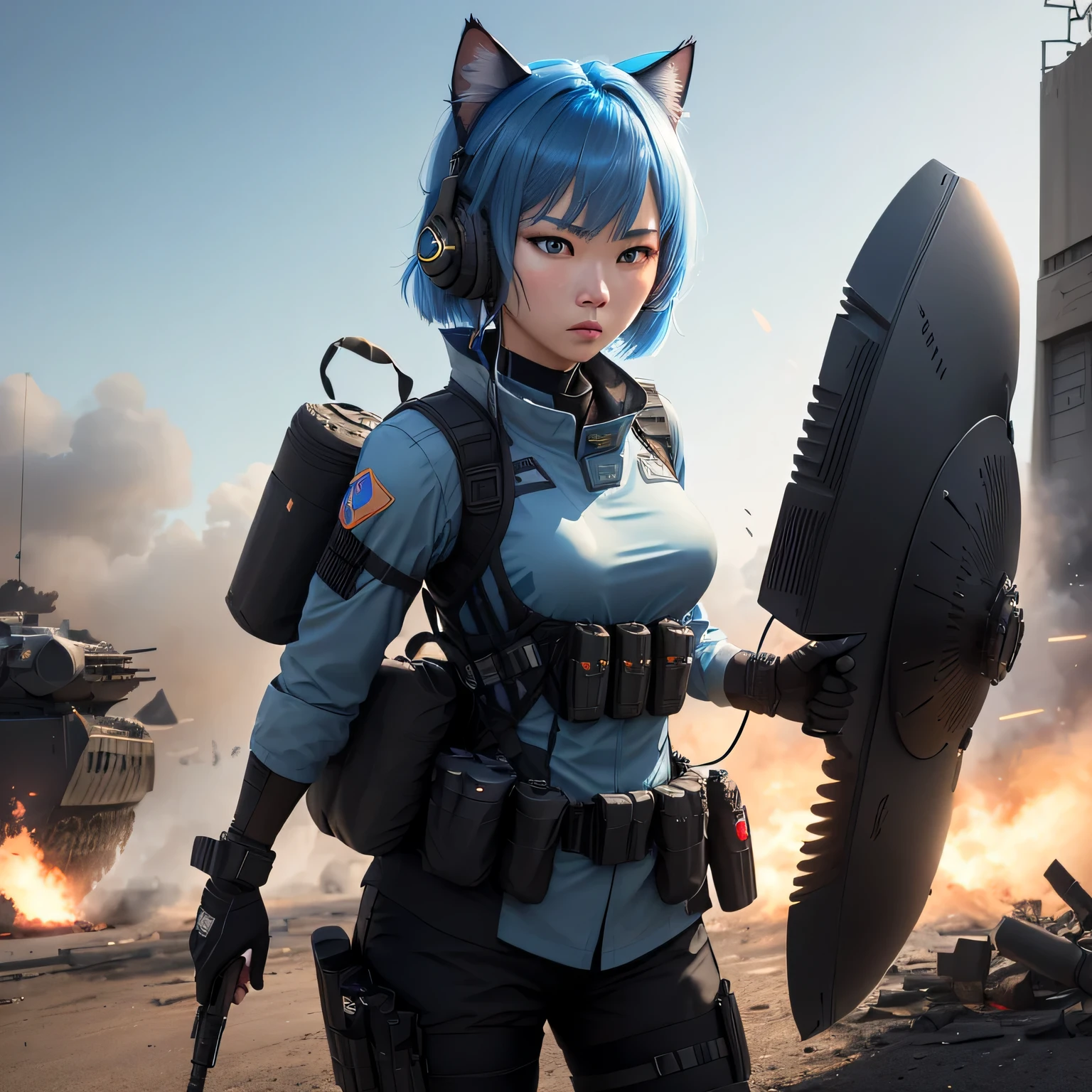 (8k, HDR, RAW photo, best quality, masterpiece:1.2, cinematic lighting), close up view, cinematic view, cinematic angle, a scene of battlefield, (Korean woman holding shield in battlefield), military, combat pose, solo, (thin face), realistic beautiful face, very detailed face, angry face, serious, (bob cuts hair), ((sky blue hair)), path traced hair, (sky blue cat ears), ((sky blue eyes)), beauty eyes, (flat chest), (small breast), ((tactical black headset)), black camo uniform, black shoulder pads, black tactical vest, black armor pads, tactical socks, black tactical pants, detailed and complex busy background, barricade, shooting, bullet rain, fire, explosion, (Battlefield:1.3), look up, upper body