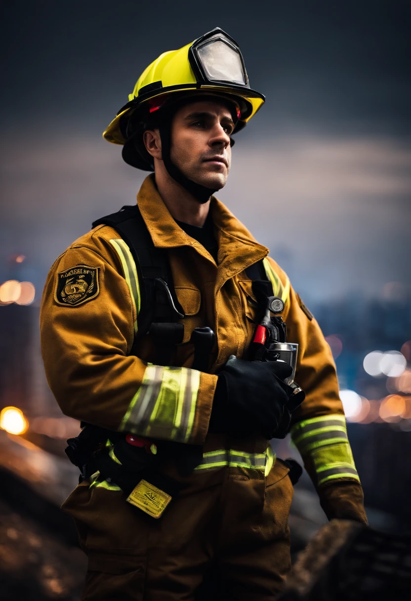 a creative shot of a firefighter with crossed arms with the city skyline in the background, symbolizing their role as protectors and guardians of the community