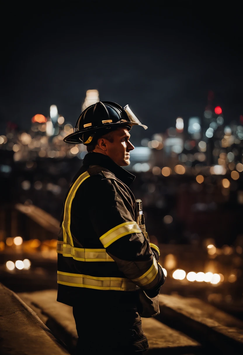 a creative shot of a firefighter with crossed arms with the city skyline in the background, symbolizing their role as protectors and guardians of the community