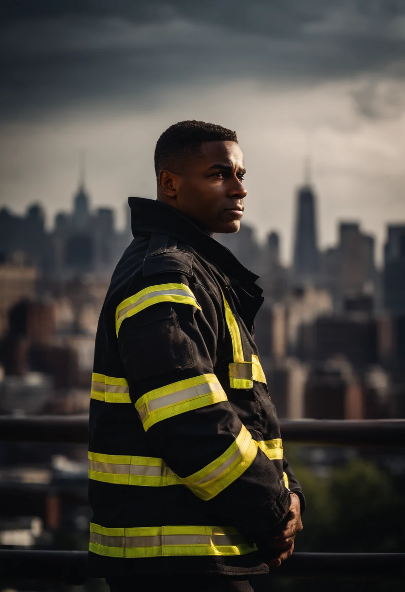 a creative shot of a firefighter with crossed arms with the city skyline in the background, symbolizing their role as protectors and guardians of the community