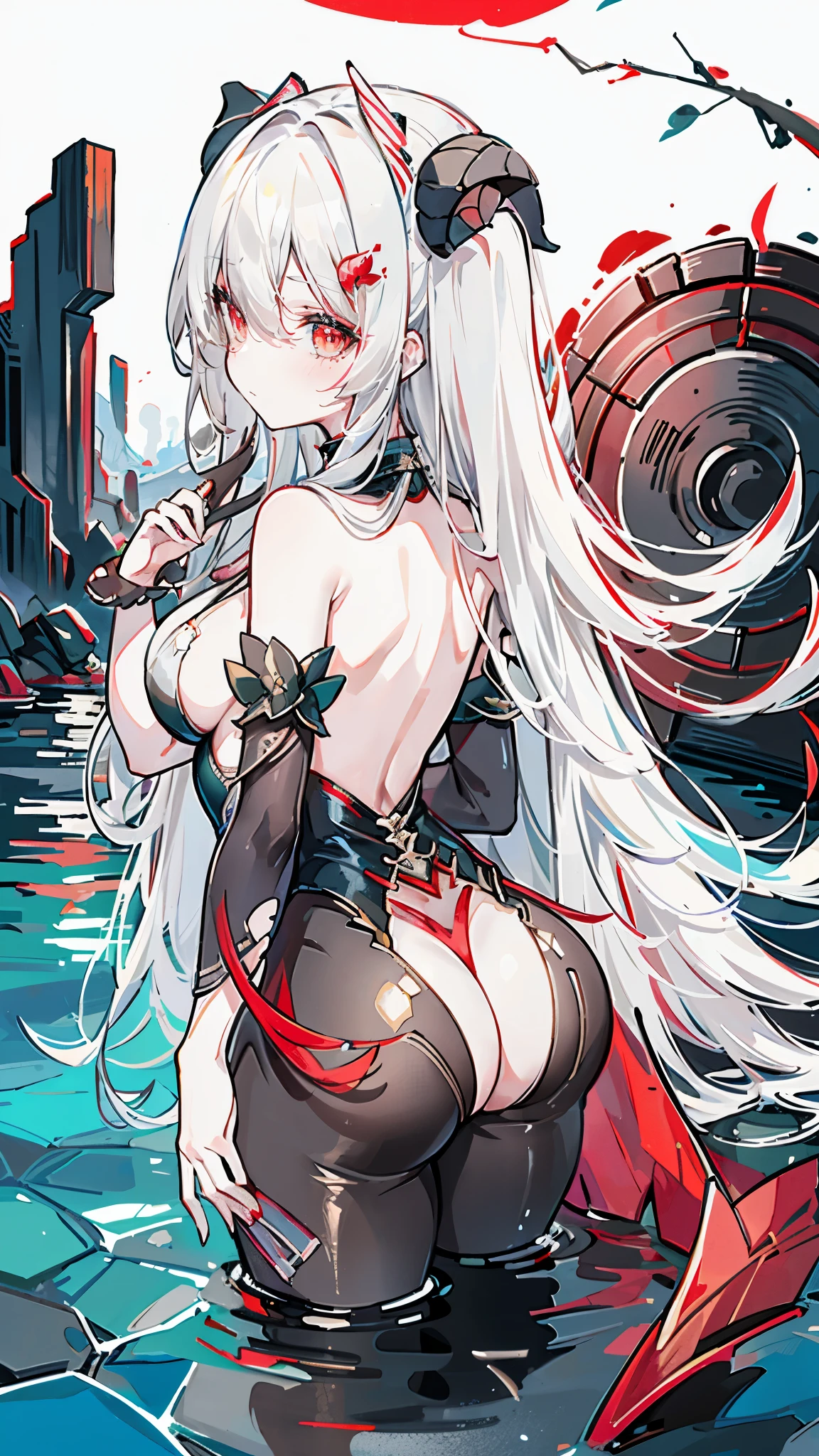 a girl,Sheep's horn, full color, long white hair, Red眼睛 ,Eyeliner, immerse in water, black transparent clothes, Red, open air, Rose, night, ruins, Butterfly,back view,big asutt close-up,camel toe