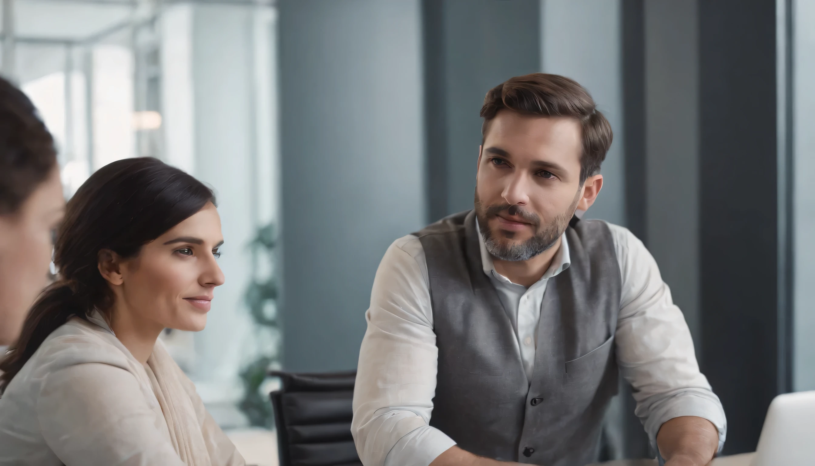 A desk and computer in a modern office and a man with a box in his hand and a iranian woman with a scarf having a conversation with the man in the background of a modern European location, perfect face
