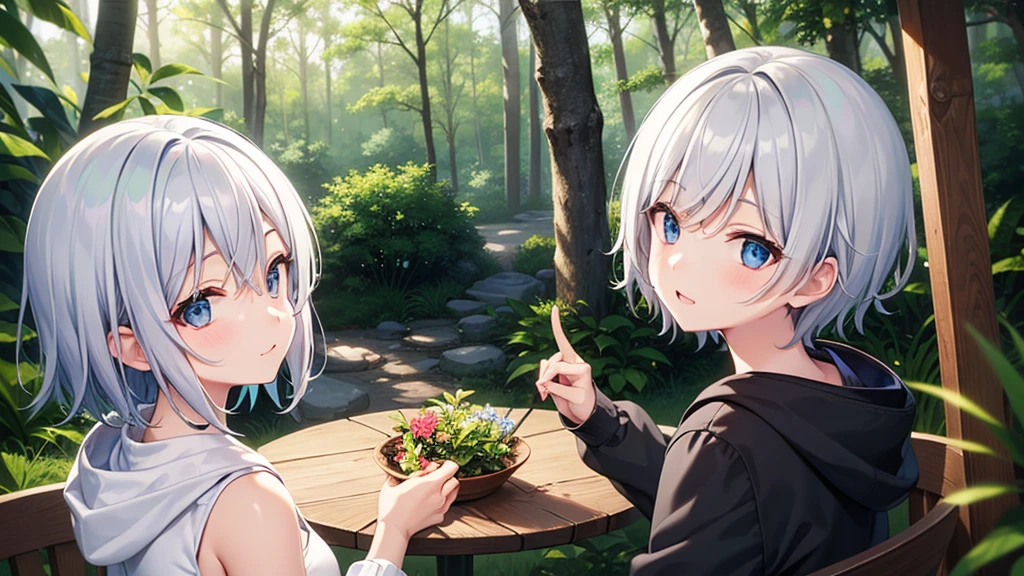 (table top: 1.2, highest quality), 1 female, alone, silver hair,show your shoulders,very short hair, long bangs between the eyes, blue eyes,black eye, hoodie,gray hair, silver hair, hoodie, 白いhoodie、blue sky、in the forest、Izumi、flower garden、sit on a chair、five fingers、shy