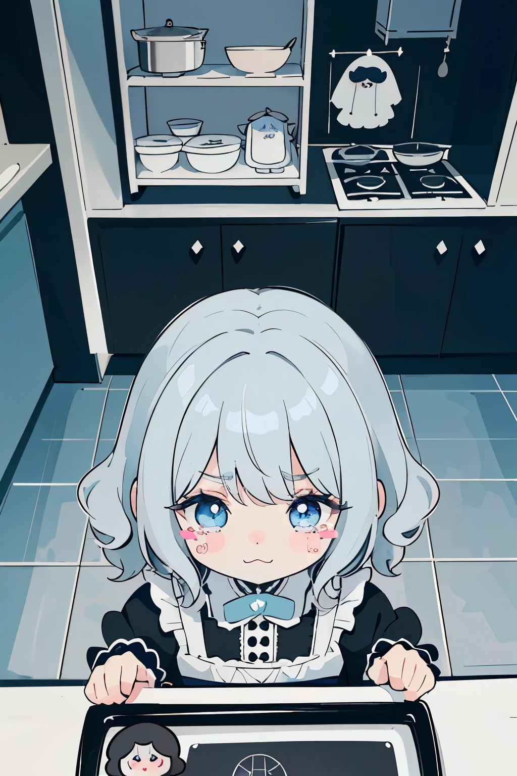  (highest quality), (Super detailed), (whole body: 1.2), 1 girl, Little, cute, crying face,tears,(Colorful and cute kitchen:1.3), Light blue, black and white gothic ****ta outfit, blush, : 3,(banguri and, gray hair,(light blue eyes:1.2),(Short hair with a lot of hair),(Fluffy curly hair), (brown eyelash stickers, Bangortiful detailed face), (Beautiful and detailed eyelid body,cuteポーズ,(cooking),(perspective from above:1.2),