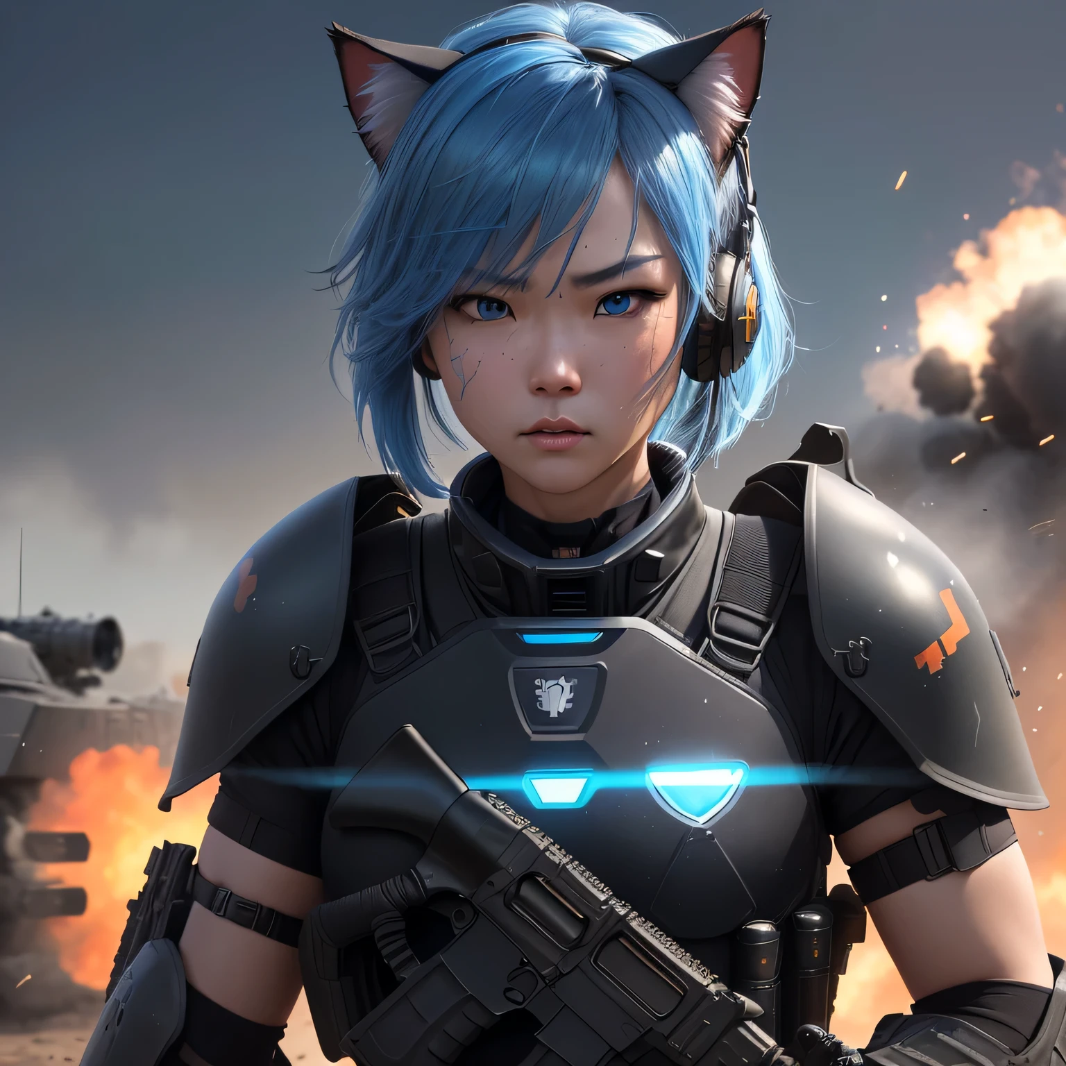 (8k, HDR, RAW photo, best quality, masterpiece:1.2, cinematic lighting), close up view, cinematic view, cinematic angle, a scene of battlefield, (Korean woman holding shield in battlefield), military, combat pose, solo, (thin face), realistic beautiful face, very detailed face, angry face, serious, (bob cuts hair), ((sky blue hair)), path traced hair, (sky blue cat ears), ((sky blue eyes)), beauty eyes, (flat chest), (small breast), ((tactical black headset)), black camo uniform, black shoulder pads, black tactical vest, black armor pads, tactical socks, black tactical pants, detailed and complex busy background, barricade, shooting, bullet rain, fire, explosion, (Battlefield:1.3), look up, upper body