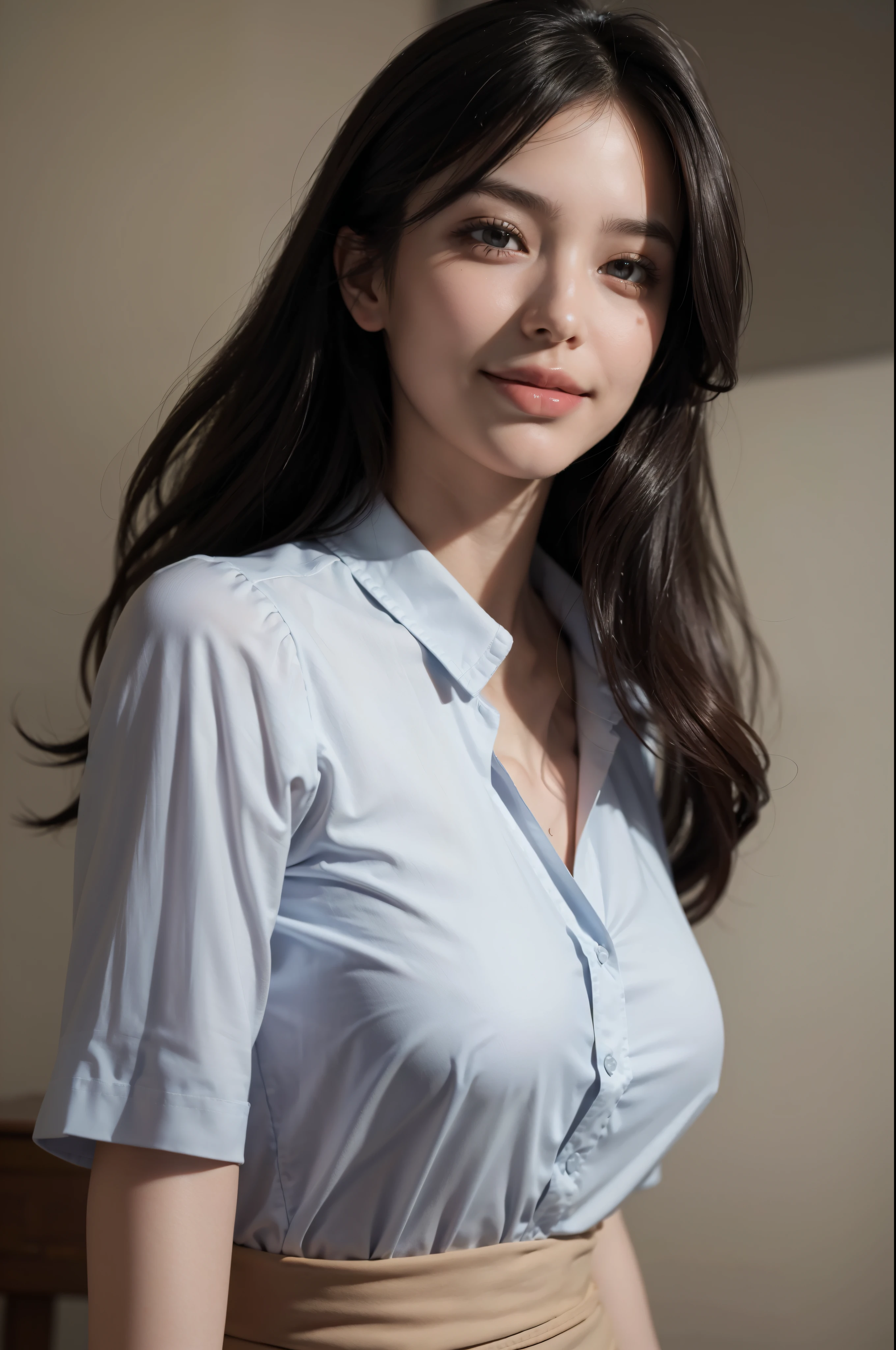 best quality, masterpiece, (photorealistic:1.4), 1girl, light smile, shirt with collars, waist up, dramatic lighting, from below, ((perspective))
