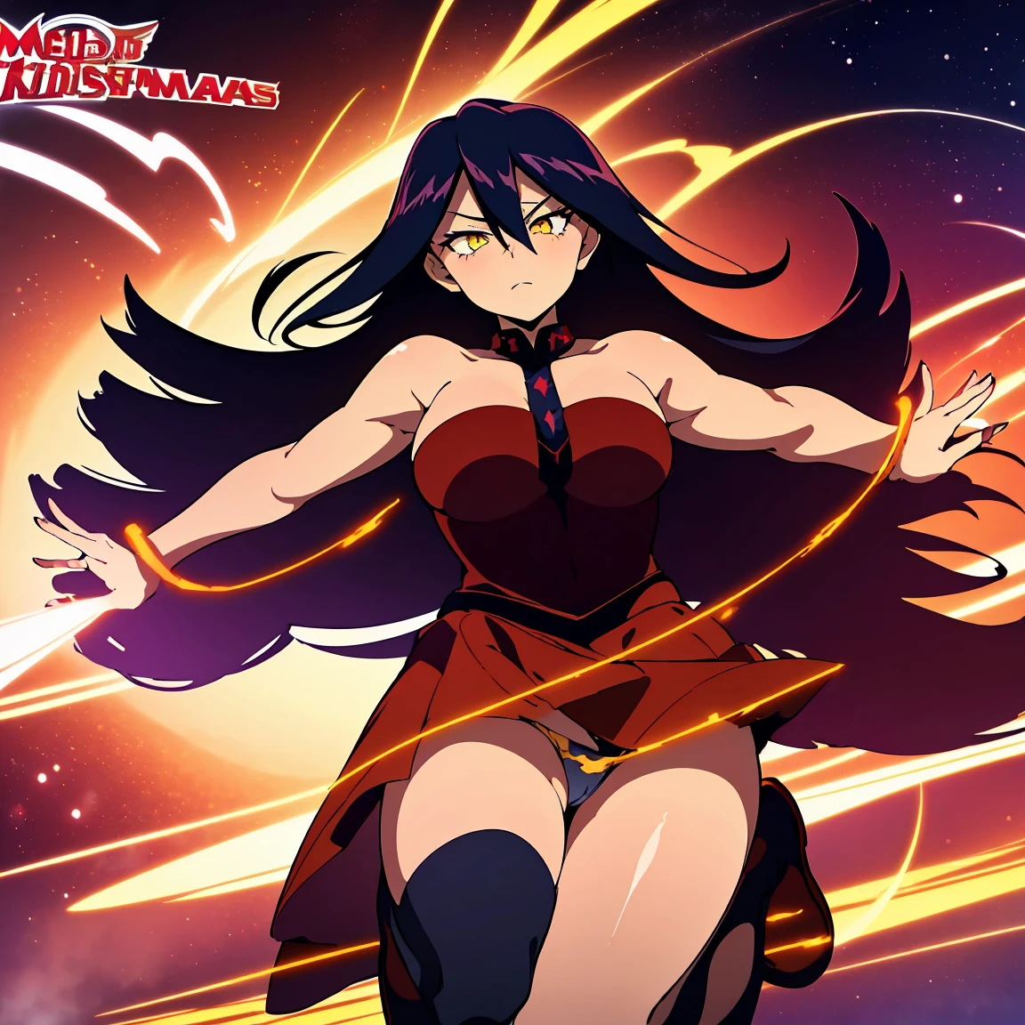 Midnight,My Hero Academia,(Christmas style dress),(short dress),(shoulders showing),(red dress),(sexy dress),(Anime girl),(Beautiful girl),(full body),(Beauty divine),(yellow eyes),(Cat pupils),(lifting the skirt of her dress),(showing her panties),(with a flushed face),(with a perverted expression),