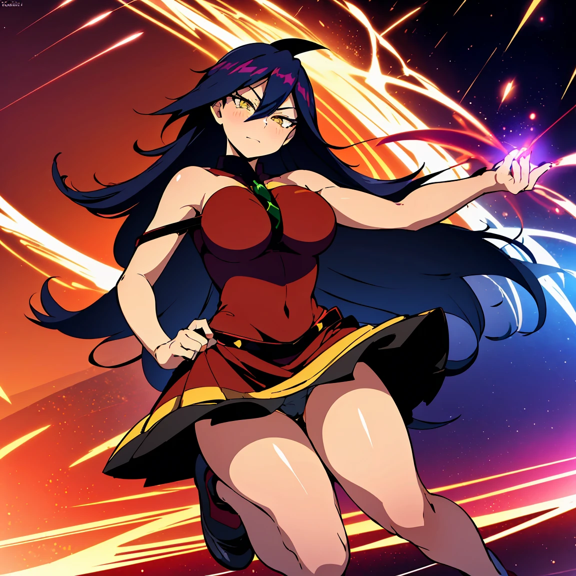 Midnight,My Hero Academia,(Christmas style dress),(short dress),(shoulders showing),(red dress),(sexy dress),(Anime girl),(Beautiful girl),(full body),(Beauty divine),(yellow eyes),(Cat pupils),(lifting the skirt of her dress),(showing her panties),(with a flushed face),(with a perverted expression),