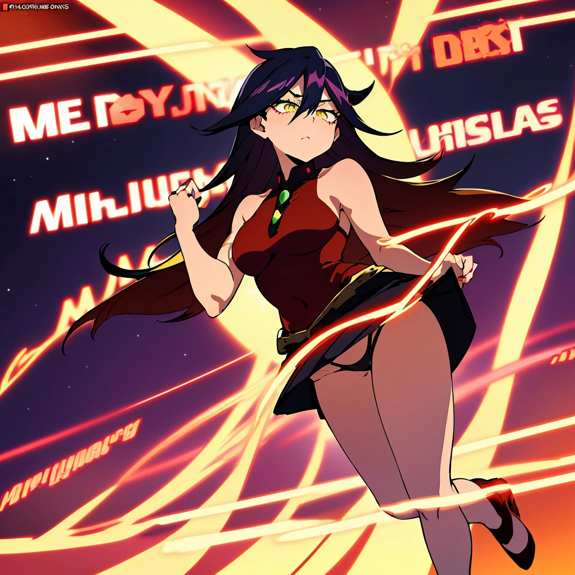 Midnight,My Hero Academia,(Christmas style dress),(short dress),(shoulders showing),(red dress),(sexy dress),(Anime girl),(Beautiful girl),(full body),(Beauty divine),(yellow eyes),(Cat pupils),(lifting the skirt of her dress),(showing her panties),(with a flushed face),(with a perverted expression),