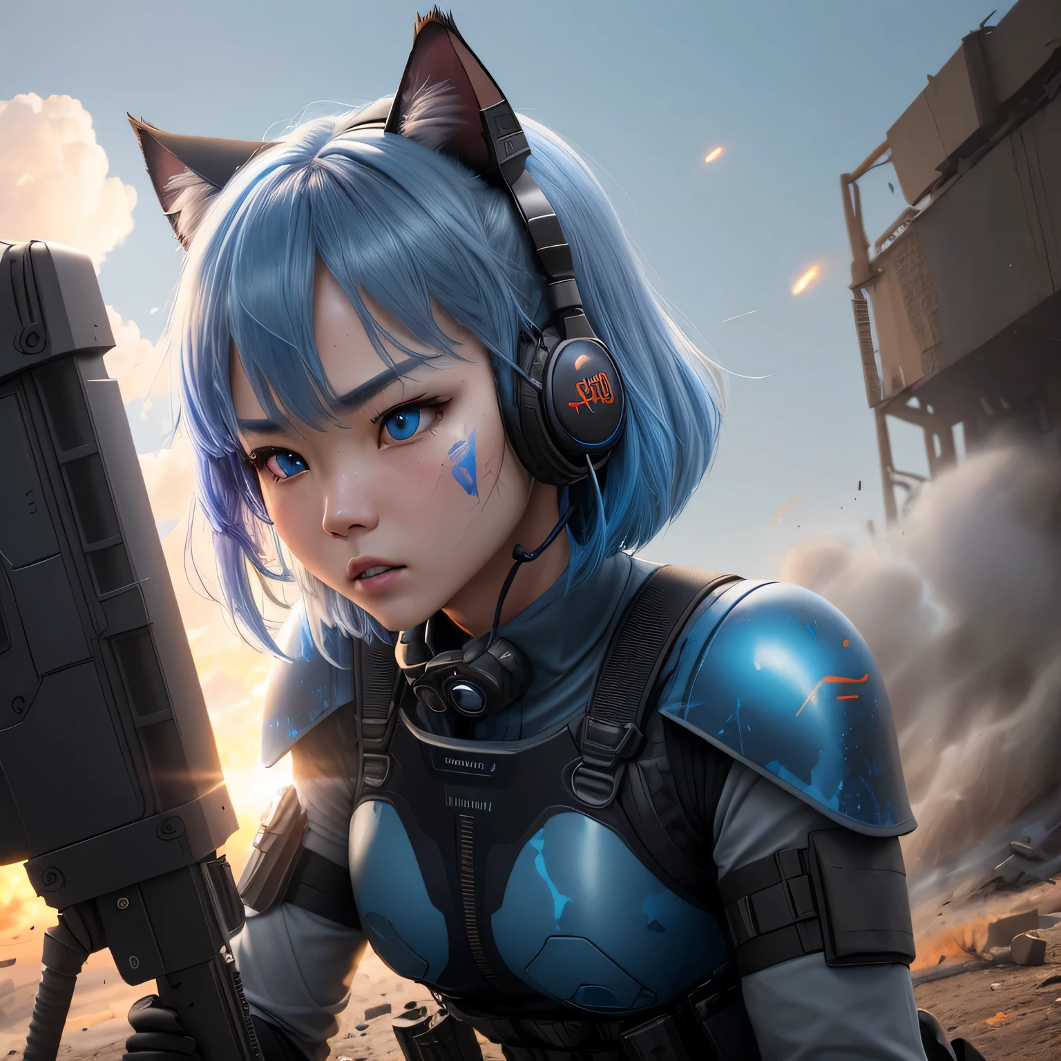 (8k, HDR, RAW photo, best quality, masterpiece:1.2, cinematic lighting), close up view, cinematic view, cinematic angle, a scene of battlefield, (Korean woman holding shield in battlefield), military, combat pose, solo, (thin face), realistic beautiful face, very detailed face, angry face, serious, (bob cuts hair), ((sky blue hair)), path traced hair, (sky blue cat ears), ((sky blue eyes)), beauty eyes, (flat chest), (small breast), ((tactical black headset)), black camo uniform, black shoulder pads, black tactical vest, black armor pads, tactical socks, black tactical pants, detailed and complex busy background, barricade, shooting, bullet rain, fire, explosion, (Battlefield:1.3), look up, upper body
