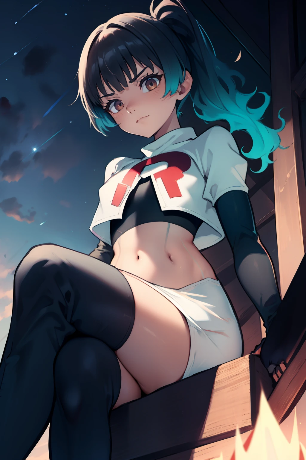 sena, side pony tail, team rocket,team rocket uniform, red letter R, white skirt,white crop top,black thigh-high boots ,black elbow gloves, sinister villianess look, looking down on viewer, sitting ,crossed legs, night sky background