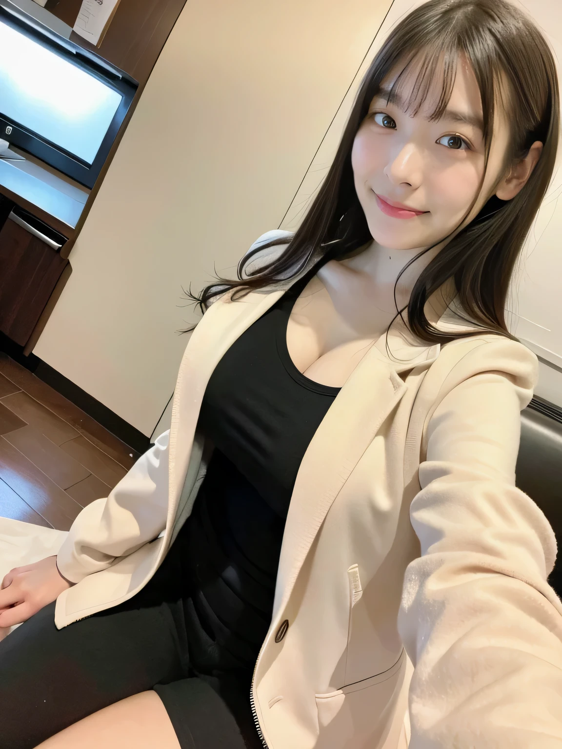 8K quality, masterpiece, live action, real human feeling, (1girl), Japanese woman taking selfie alone in dimly lit cafe kitchen with no one around after hours at night, very large breasts, sitting on chair with jacket off, camisole, long black hair, silky straight, realistic skin texture, natural skin