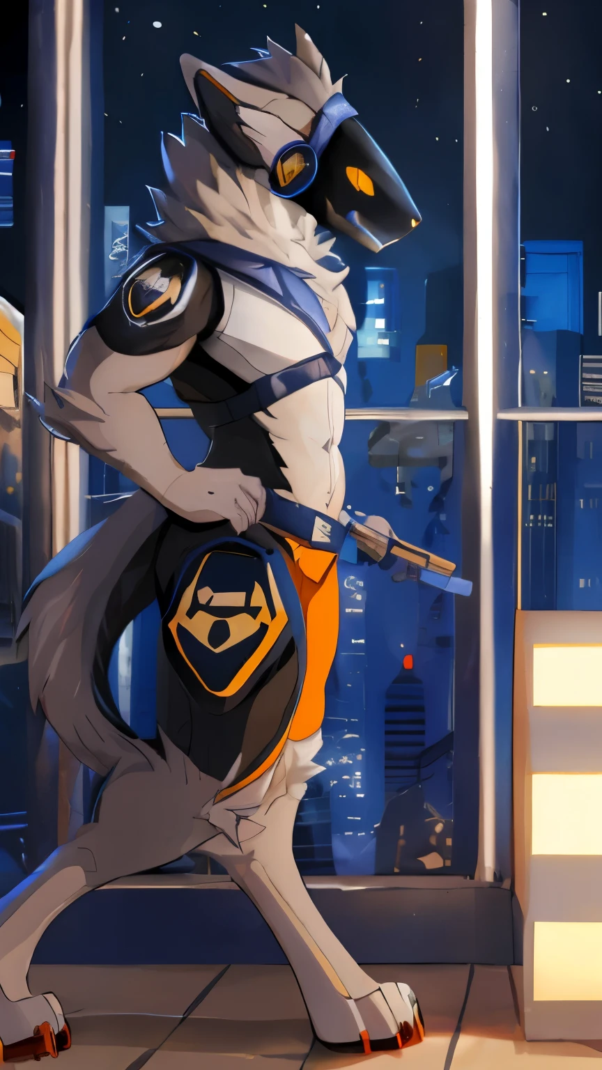 furry, protogen, police, furry police, furry sheriff, future, The Gun of the Future, gun holding pose, dark background