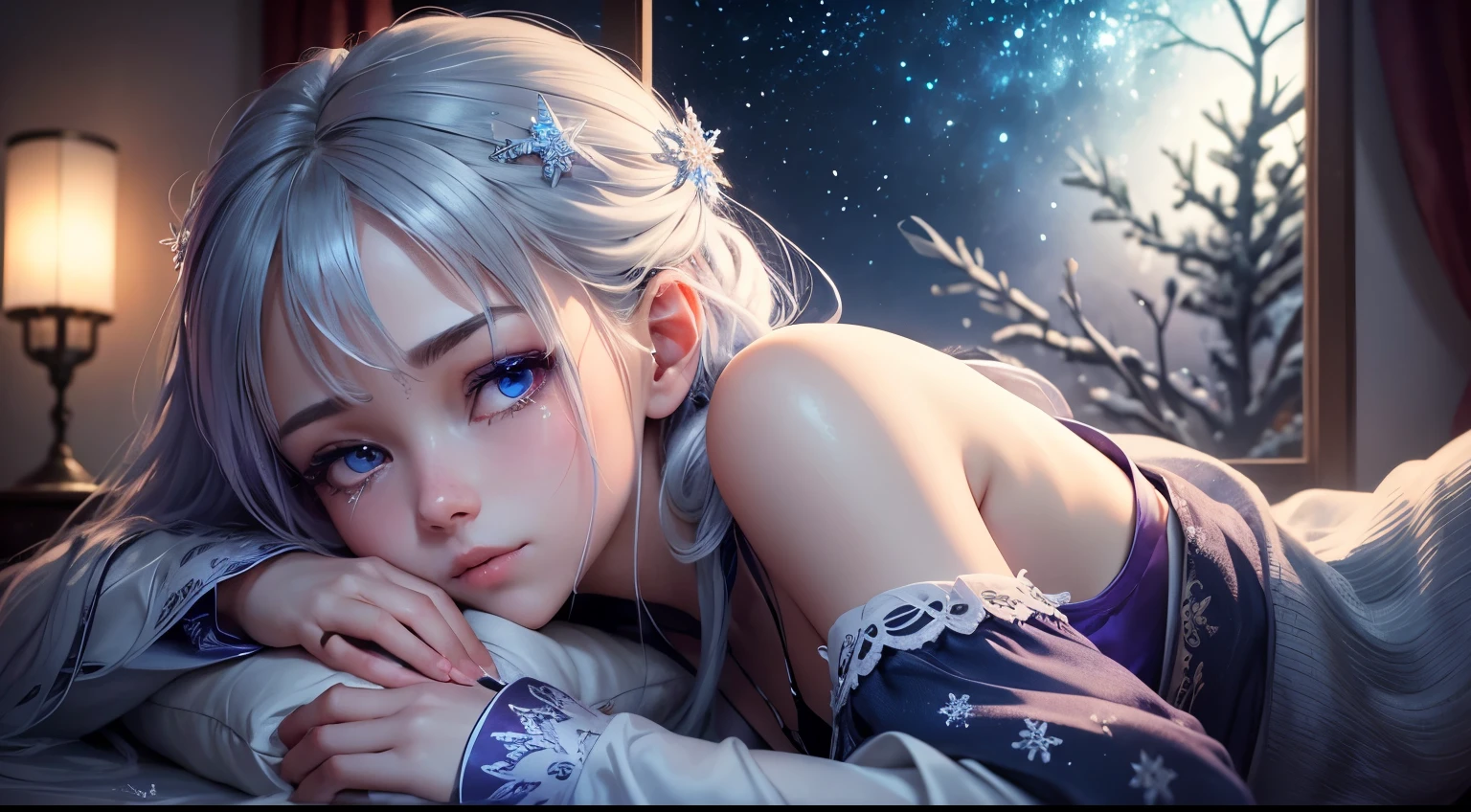 anime,girl,dragon,sleeping,window,winter,dark night,crying,beautiful detailed eyes,beautiful detailed lips,extremely detailed eyes and face,longeyelashes,soft hair,peaceful expression,flowy dress,frosty breath,intricate snowflakes,moonlight shining through the window,teardrops frozen on her face,melancholic atmosphere,endless sadness,subtle shadows and highlights,emotive color palette,subtle shades of blue and purple,star-filled sky,stillness and tranquility,fleeting dream-like moment,breathtaking scene,masterpiece:1.2,ultra-detailed,realistic:1.37,professional,vivid colors,bokeh