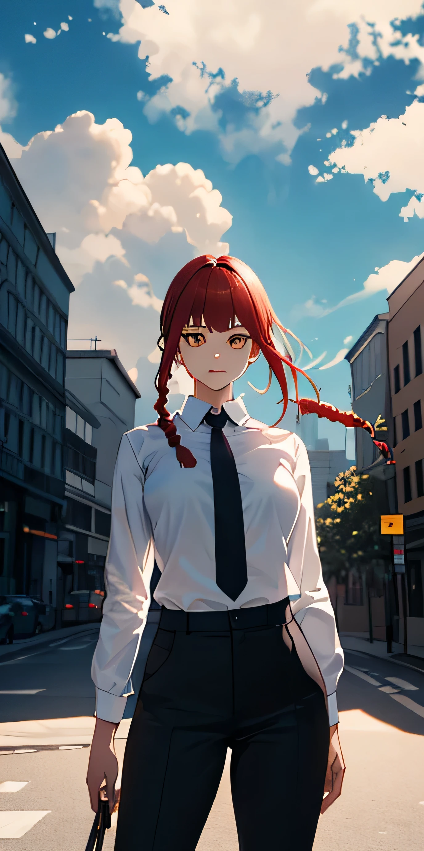 masterpiece, (photorealistic:1.4), best quality, beautiful lighting, makima \(chainsaw man\), (red hair)+(long braided hair)+(bangs), yellow eyes, golden eyes, (ringed eyes), (white shirt), (necktie),
RAW photo, 8k uhd, film grain,(extremely detailed CG unity 8k wallpaper),(masterpiece),(best quality),(ultra-detailed),(best illustration),(best shadow),(absurdres), Makima, 1girl, necktie, solo, shirt, ringed eyes, black necktie, braid, pants, cloud, collared shirt, braided ponytail, shirt tucked in, red hair, white shirt, arms behind back, sky, outdoors, medium breasts, bangs, breasts, black pants,formal, yellow eyes, cloudy sky, medium hair, long sleeves, suit, office lady, high-waist pants, long hair, orange eyes, looking at me,round breast,hyper detail,