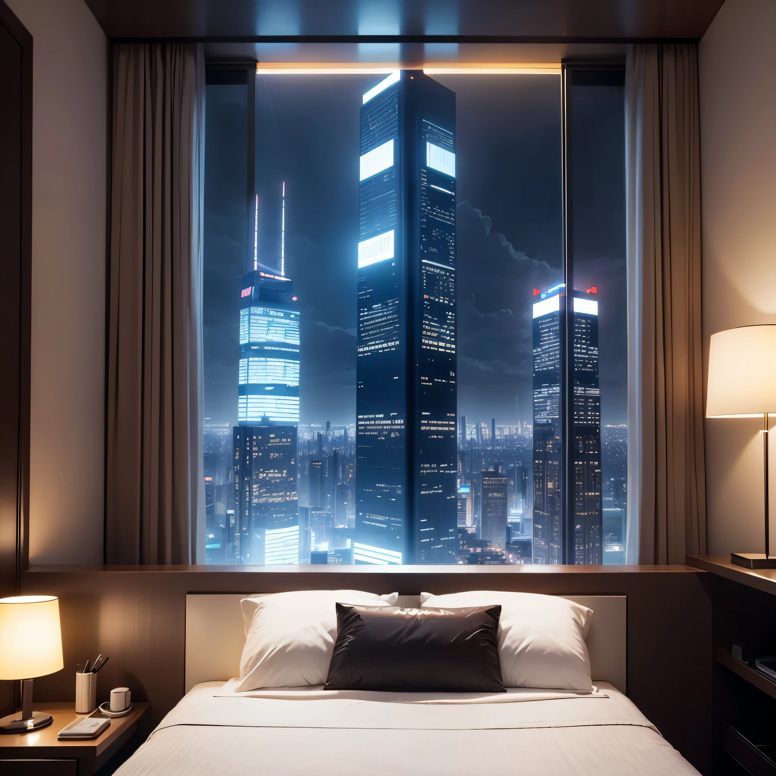 Skyscraper Hotel Rooms、of the highest quality、Ultra-high resolution、Gorgeous、Design of the near future, night, raining