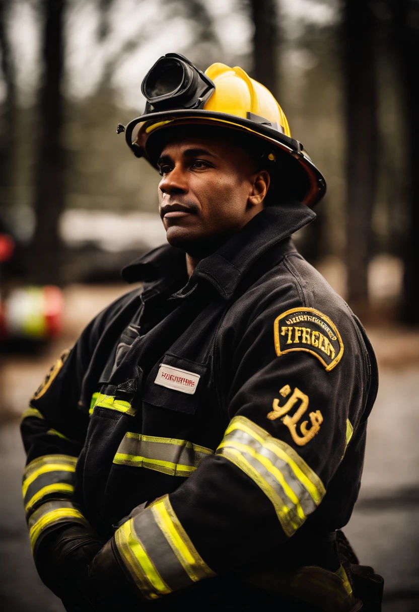 a candid shot of a firefighter with crossed arms sharing a moment of reflection or camaraderie with their colleagues, highlighting the human side of their profession
