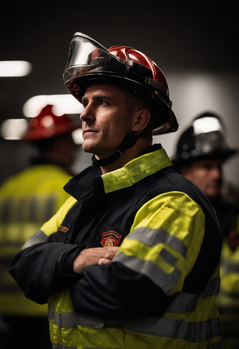 a candid shot of a firefighter with crossed arms sharing a moment of reflection or camaraderie with their colleagues, highlighting the human side of their profession
