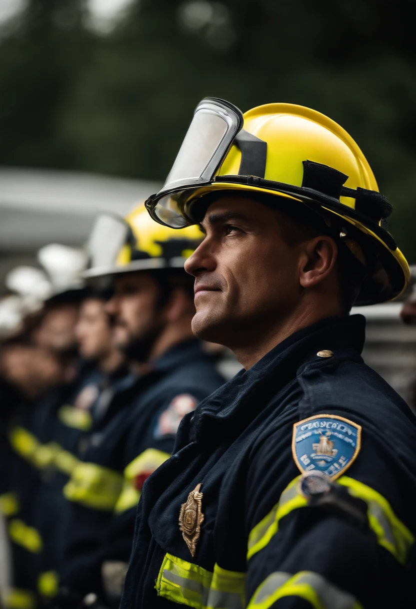 a candid shot of a firefighter with crossed arms sharing a moment of reflection or camaraderie with their colleagues, highlighting the human side of their profession