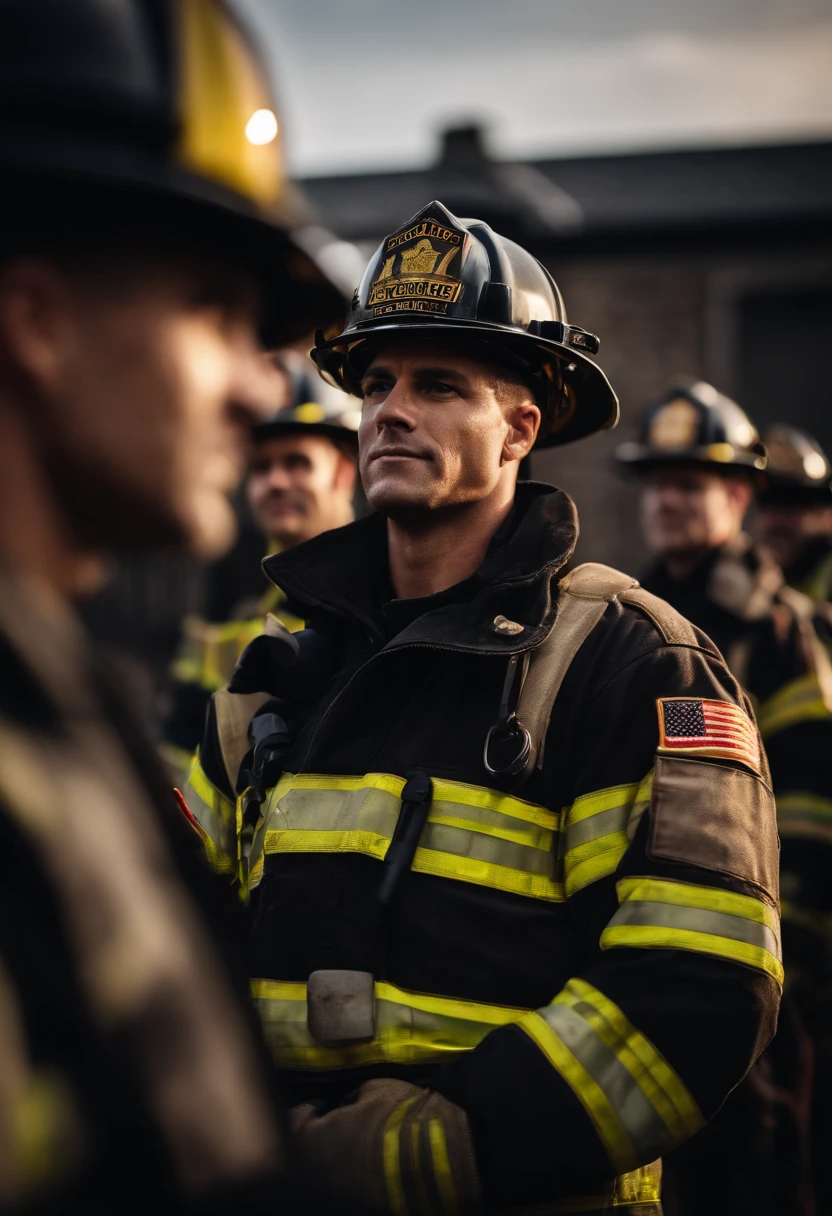 a candid shot of a firefighter with crossed arms sharing a moment of reflection or camaraderie with their colleagues, highlighting the human side of their profession