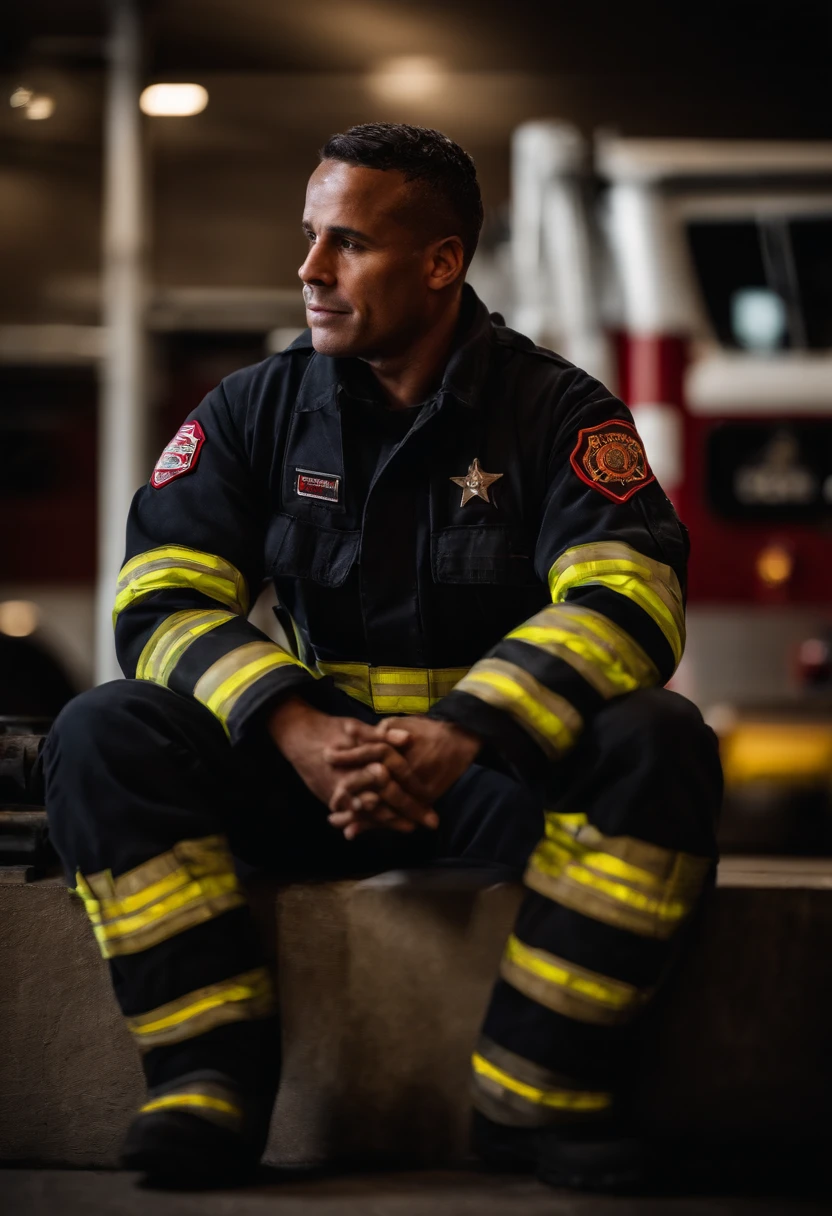 a creative shot of a firefighter with crossed arms with the city skyline in the background, symbolizing their role as protectors and guardians of the community