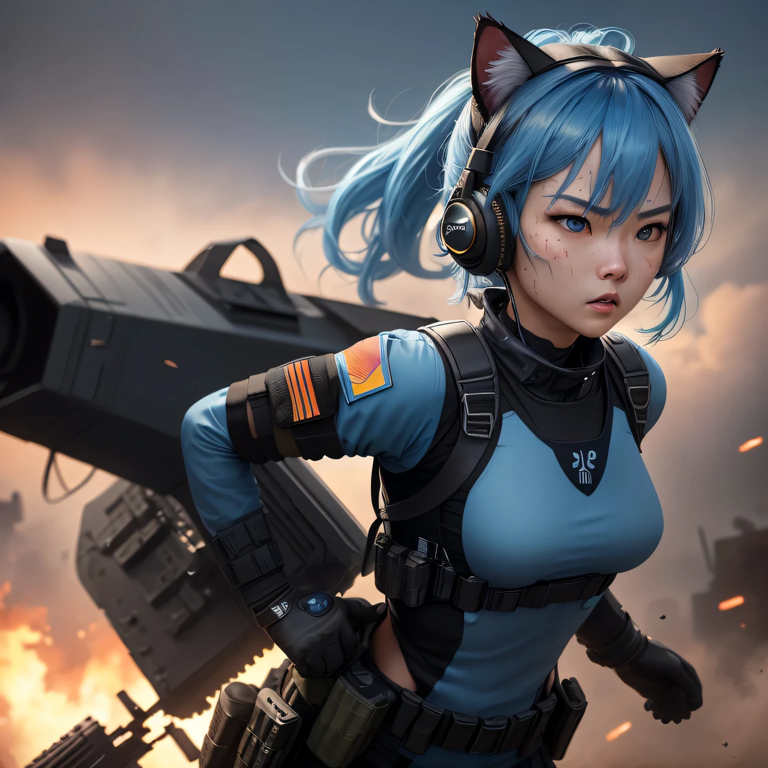 (8k, HDR, RAW photo, best quality, masterpiece:1.2, cinematic lighting), close up view, cinematic view, cinematic angle, a scene of battlefield, (Korean woman holding shield in battlefield), military, combat pose, solo, (thin face), realistic beautiful face, very detailed face, angry face, blood on the face, serious, (bob cuts hair), ((sky blue hair)), path traced hair, (sky blue cat ears), ((sky blue eyes)), beauty eyes, (flat chest), (small breast), ((tactical black headset)), black camo uniform, black shoulder pads, black tactical vest, black armor pads, tactical socks, black tactical pants, detailed and complex busy background, barricade, shooting, bullet rain, fire, explosion, (Battlefield:1.3), look up, upper body