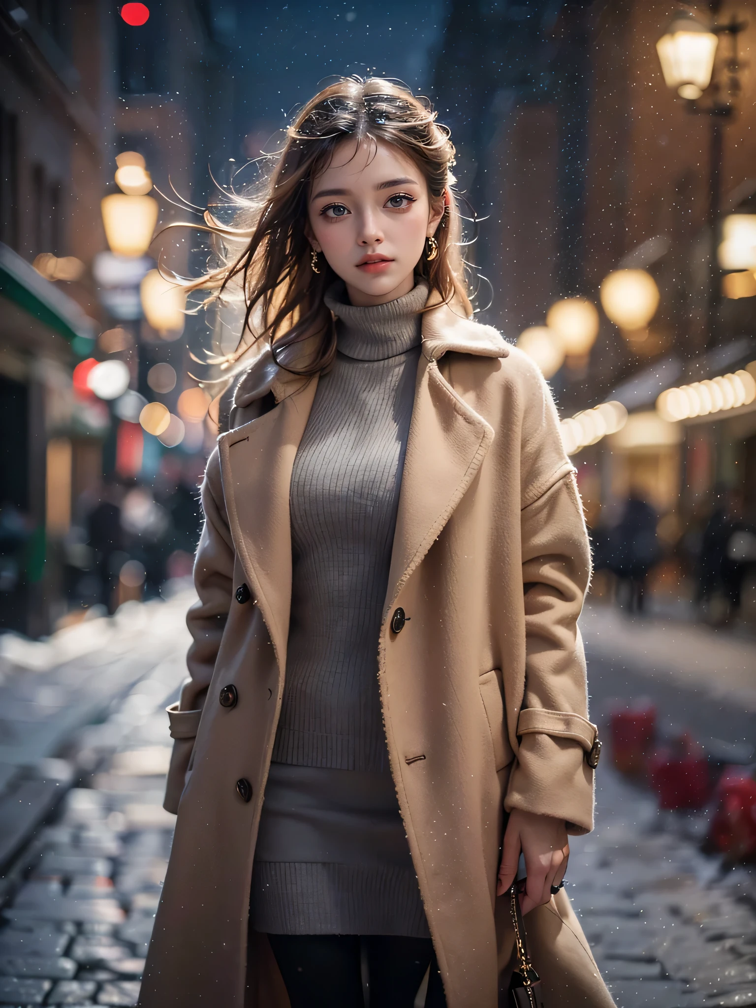 (highest quality photo of a beautiful woman in long coat, turtleneck sweater and miniskirt ),(This is a very delicate and beautiful work.:1.2), elegant and sophisticated fashion, Fashion Model, slender physique, super detailed顔, fine eyes, glossy lips, looking at the viewer, smile, beautiful figure, Realistic and beautiful skin texture, shiny skin,  perfect body beauty, (Christmas illumination, pale light:1.2),(elegant, elegant, lux, clarity, clean, christmas atmosphere, night, Street style), (highest quality, masterpiece, super detailed, ultra high resolution, realistic, RAW photo, disorganized, absolute resolution:1.4),