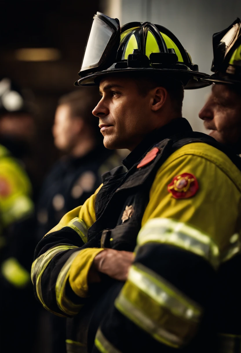 a candid shot of a firefighter with crossed arms sharing a moment of reflection or camaraderie with their colleagues, highlighting the human side of their profession