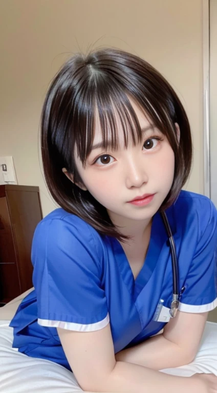 奈良美智, girl cute-fine-face, With short hair, chiho, 2 7 years old, Japanese Models, sakimichan, young cute wan asian face, deayami kojima, cute - fine - face,short-hair、florals、outside of house、off shoulders、Nurse、Nurse、Sat、full body Esbian、Dressed in a white nurse uniform、lying on the hard bed 