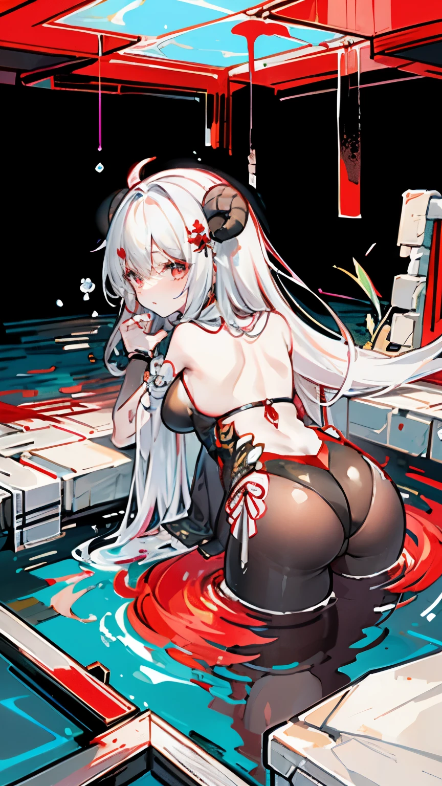 a girl,Sheep's horn, full color, long white hair, Red眼睛 ,Eyeliner, immerse in water, black transparent clothes, Red, open air, Rose, night, ruins, Butterfly,back view,big asutt close-up,camel toe,bend over