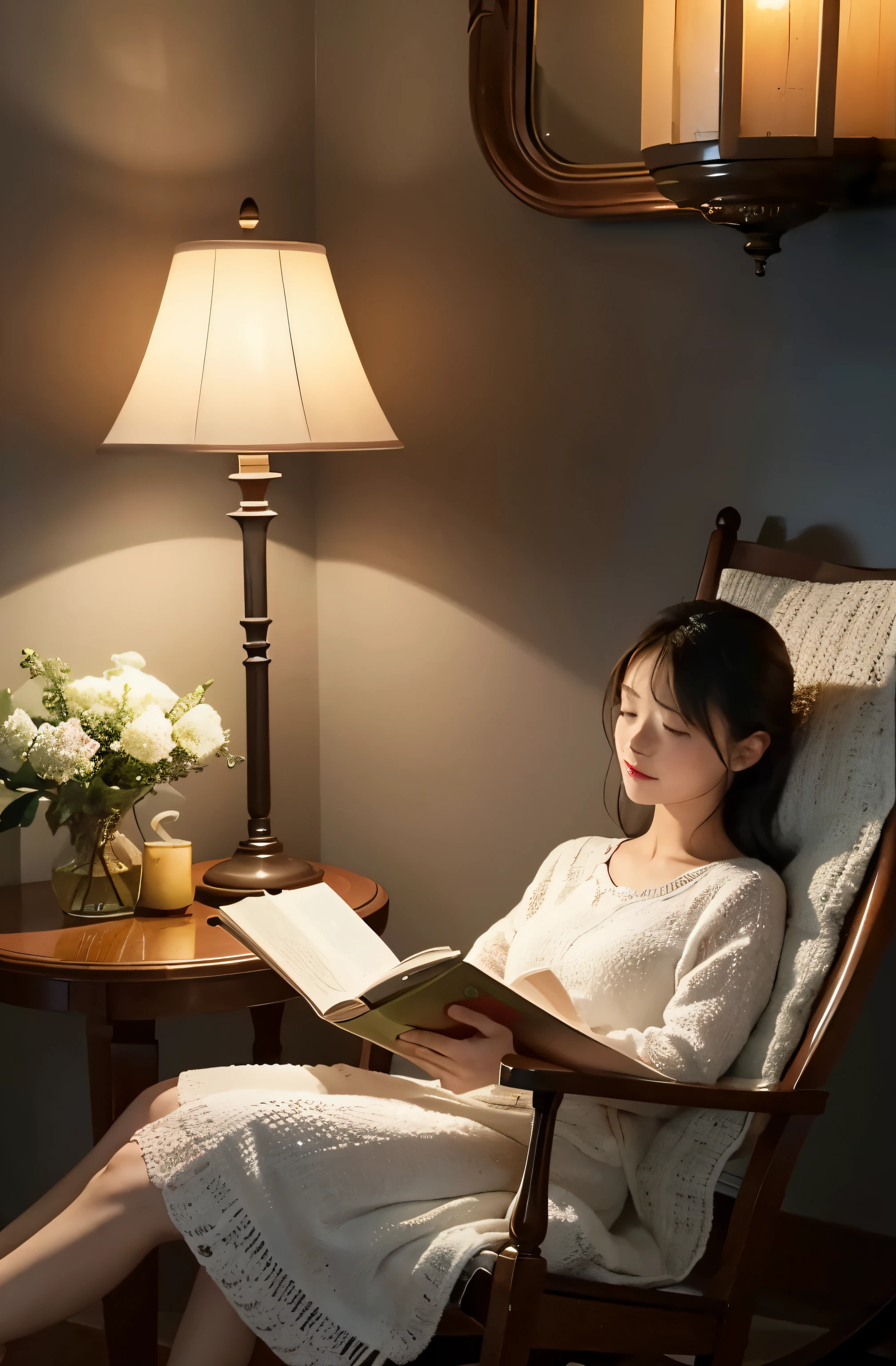 dim little lamp,rocking chair,sense of peace,flower shop owner,intellectual gentleness,read a book