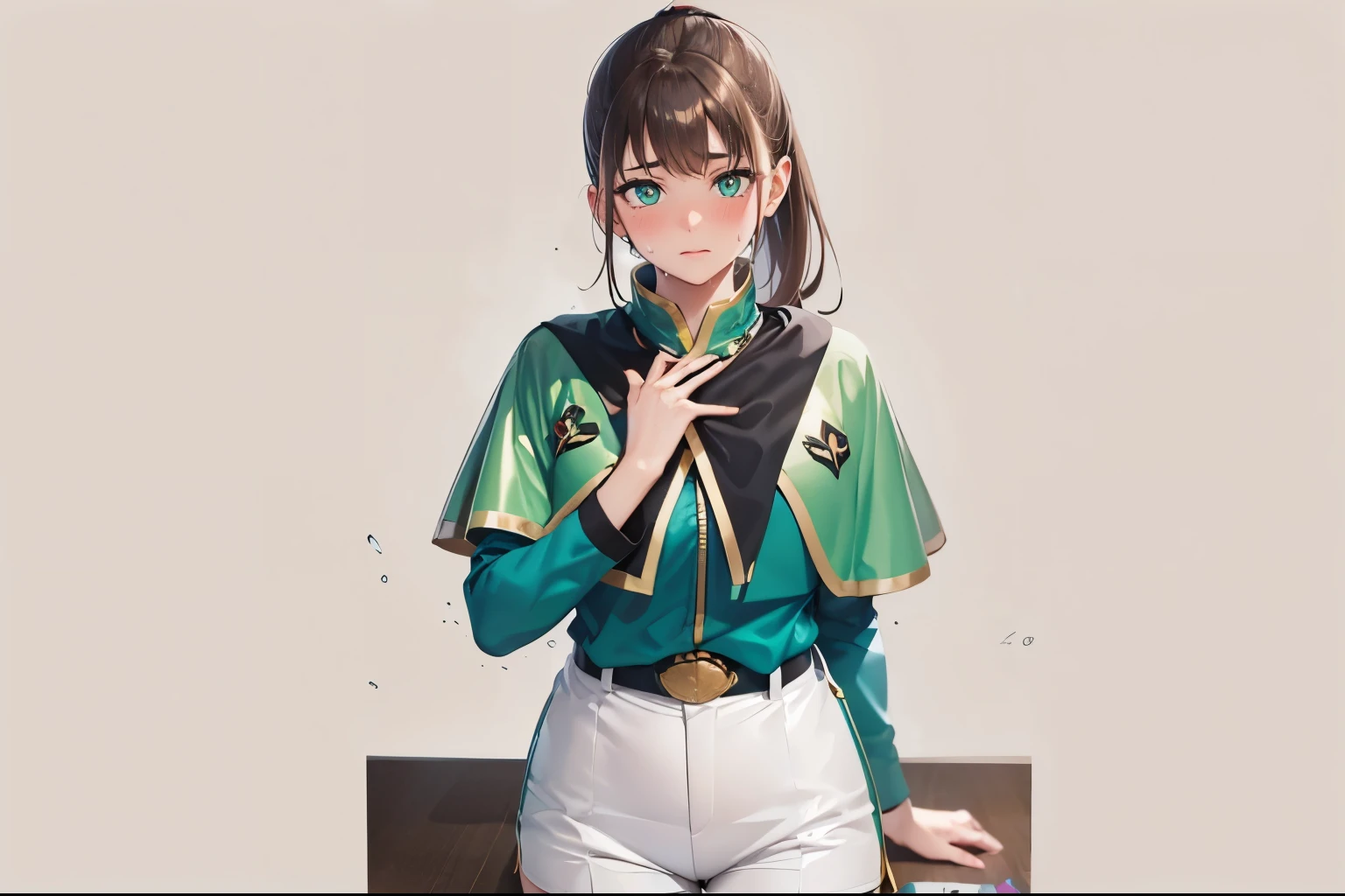 (table top:1.1), (High resolution:1.2), (figure:1.05), (Super detailed 8K art:1.05), (Beautiful detailed eyes), perfect face, bright pupils, Glossy skin, Hayamena ,green eyes, , black_belt bag, green_capelet, green_Jacket, white_shorts,, long sleeve, whole body, blushed, looking at the viewer, only, Barefoot onlys、ponytail、odor、five fingers、sole focus、Spread your toes and stretch your legs、barefoot、brown hair、Sena Hayamtuffiness on the onlys of the feet、sweaty feet,  Close-up of the onlys of the feet，Exposing the onlys of the feet