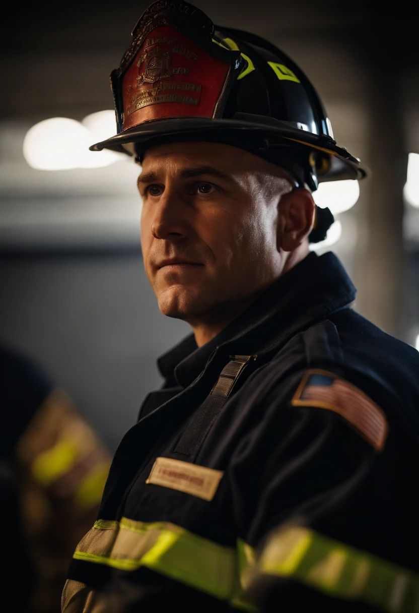 a candid shot of a firefighter with crossed arms sharing a moment of reflection or camaraderie with their colleagues, highlighting the human side of their profession