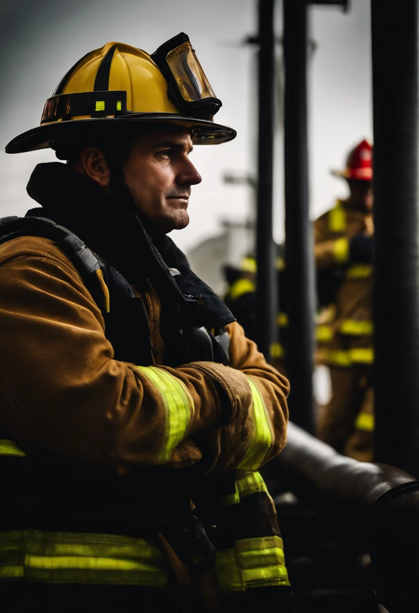 a candid shot of a firefighter with crossed arms sharing a moment of reflection or camaraderie with their colleagues, highlighting the human side of their profession