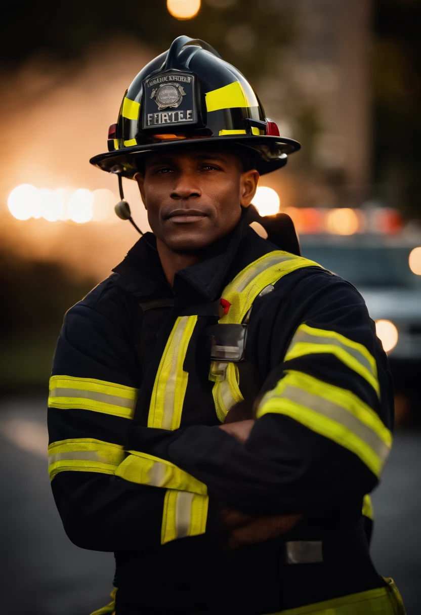 a candid shot of a firefighter with crossed arms sharing a moment of reflection or camaraderie with their colleagues, highlighting the human side of their profession