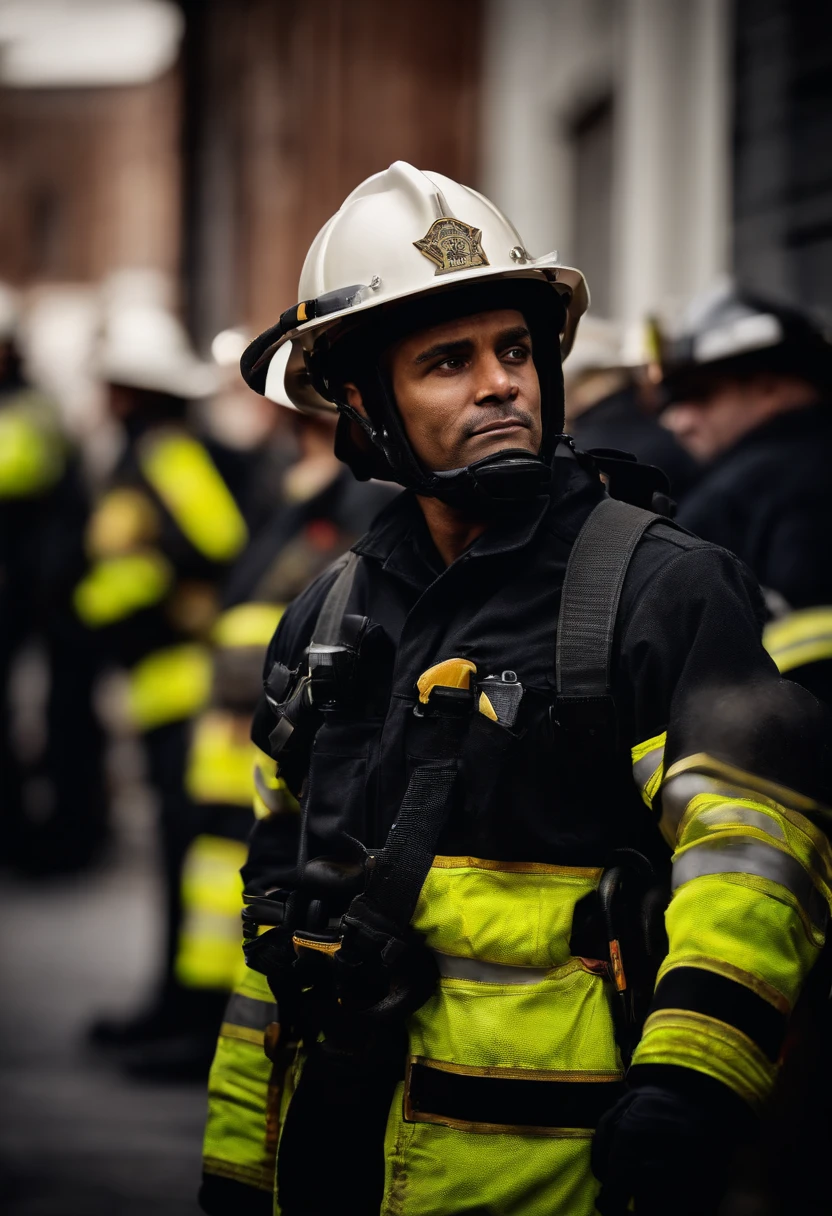 a candid shot of a firefighter with crossed arms sharing a moment of reflection or camaraderie with their colleagues, highlighting the human side of their profession