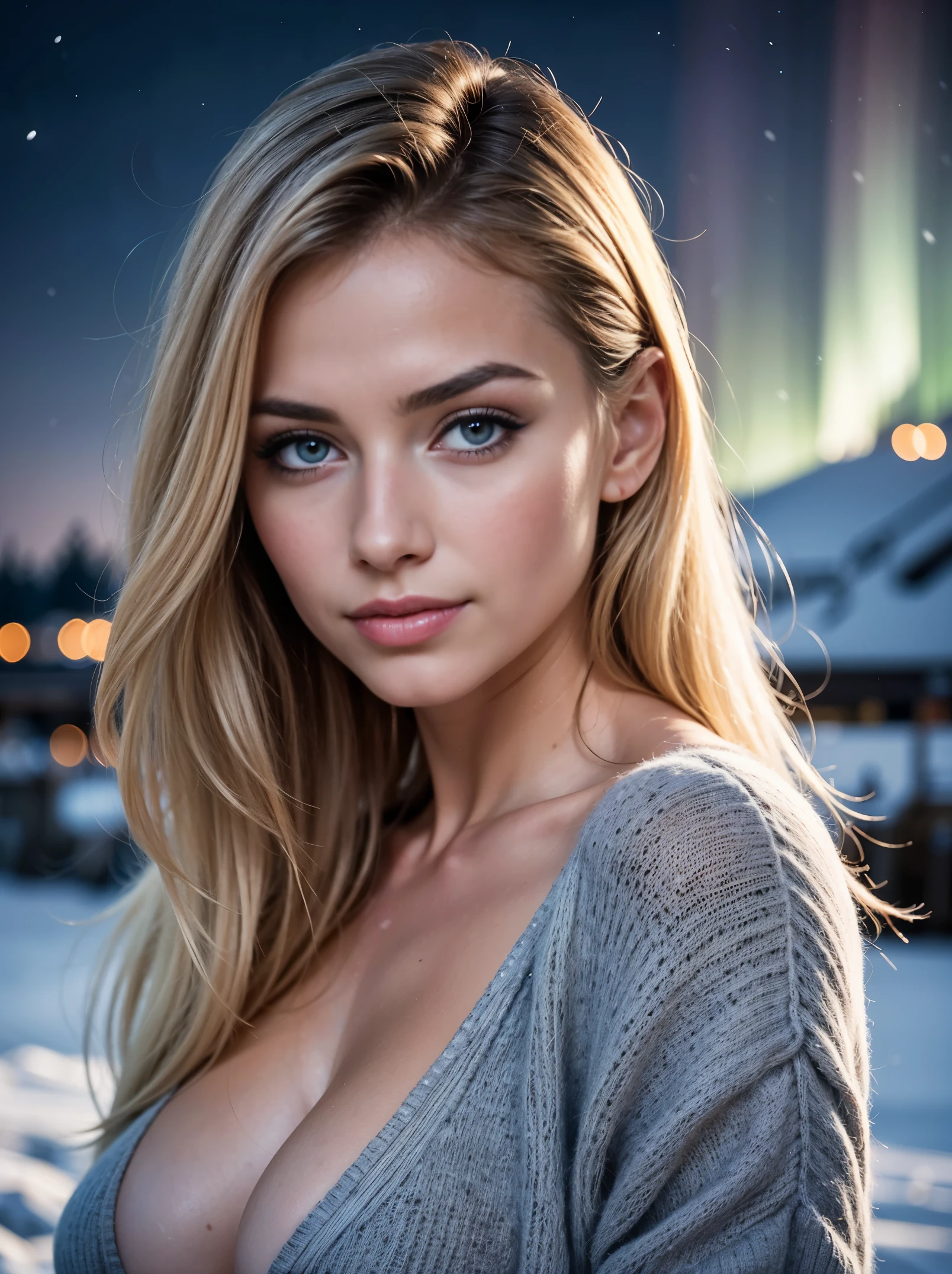 Fashion portrait color photography, Girl 18 years old, , realistically, staying on the snowly street, completely naked, blonde, long hair, neck jewelry, medium breasts, Feet shoulder width apart, full length showing vagina and medium nipples to the viewer, Shoulder hair, open shoulders, flirts with the viewer, looks at the viewer, expressive lips, Flirting