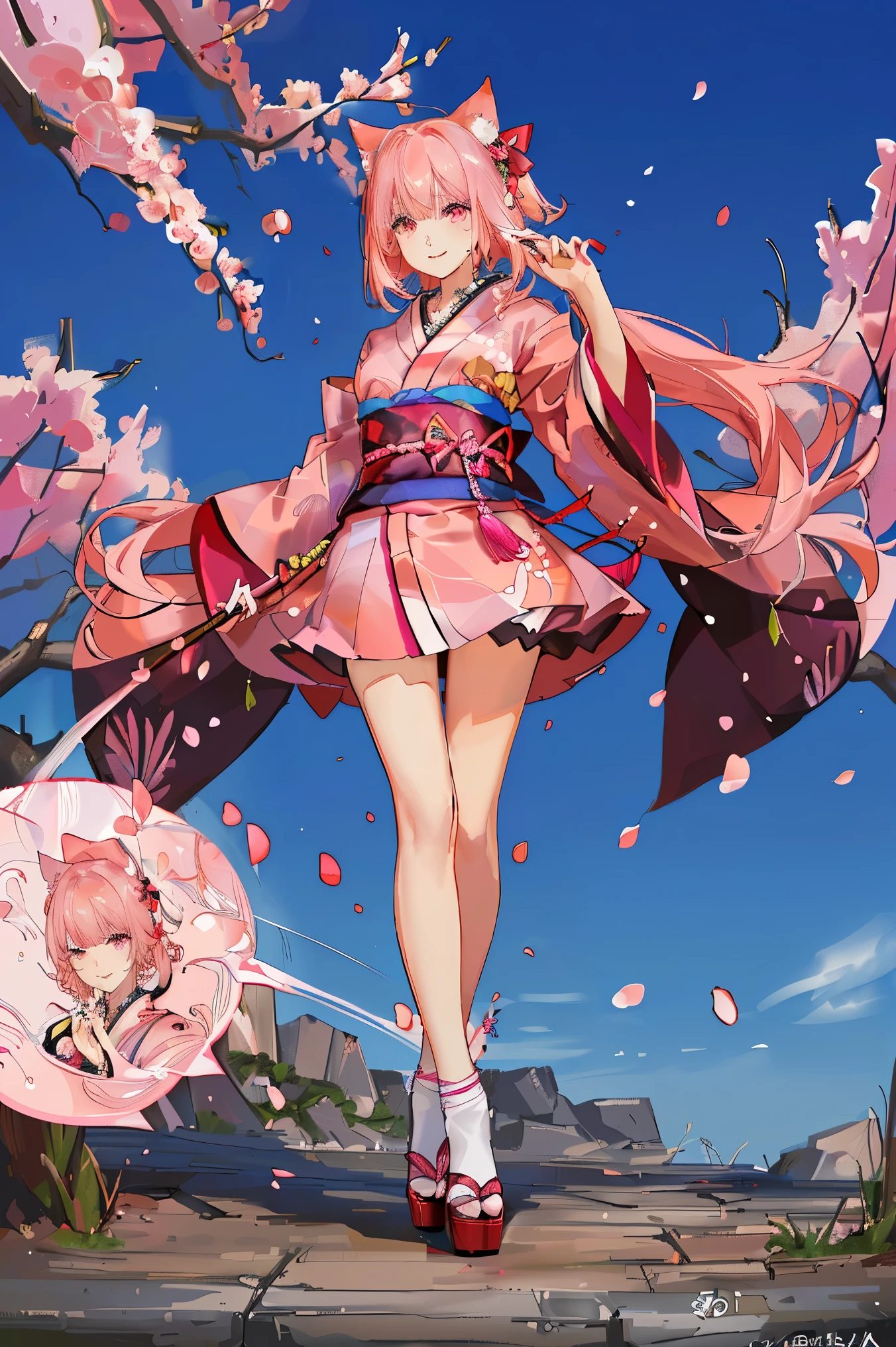 "anime girl, 1 person, pink hair, pink cat ears, pink eyes, kimono, cherry pink kimono, cherry blossom petal pattern on shirt, long stockings, big breasts, festival, New Year's Eve fireworks, watching fireworks, night, smiled shyly,solo, looking from different directions, standing cross-legged. (full HD 4K+ image)"