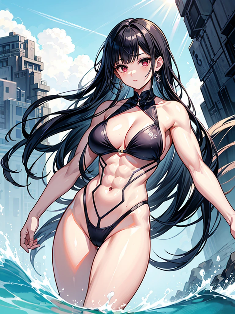 （（（masterpiece、Highest image quality、highest quality、highly detailed unity 8ｋwallpaper）））、（（Illustration of one girl））、（（（beautiful girl）））、（（black hair、Very Longhair、straight：1.2、red eyes））、（tall、stocky build, thickset physique, muscular legs, broad shoulders, solid chest）、swimsuit、sandy beach