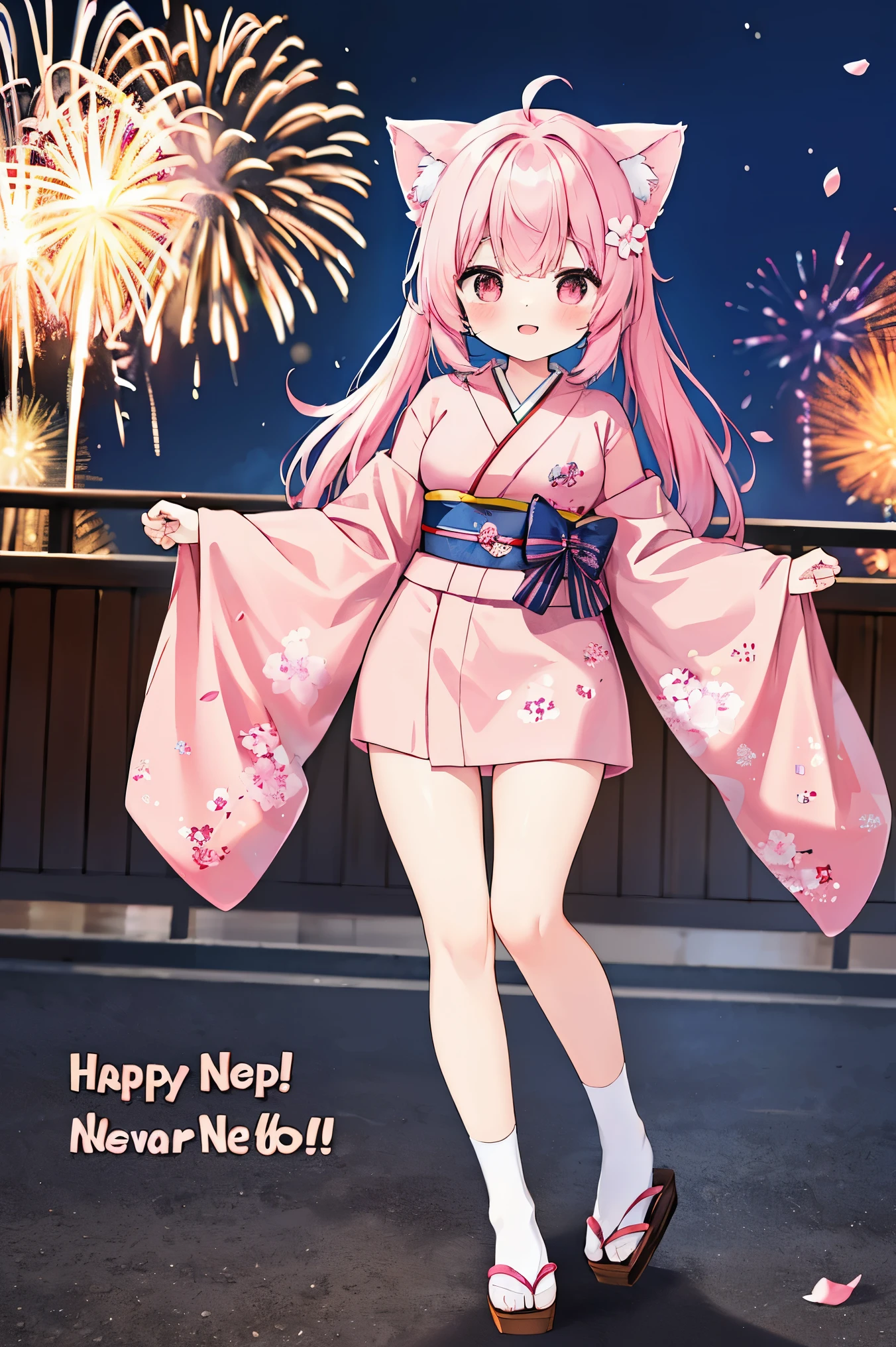 "anime girl, 1 person, pink hair, pink cat ears, pink eyes, kimono, cherry pink kimono, cherry blossom petal pattern on shirt, long stockings, big breasts, festival, New Year's Eve fireworks, watching fireworks, night, smiled shyly,solo, looking from different directions, standing cross-legged,chibi, full body.(full HD 4K+ image)"