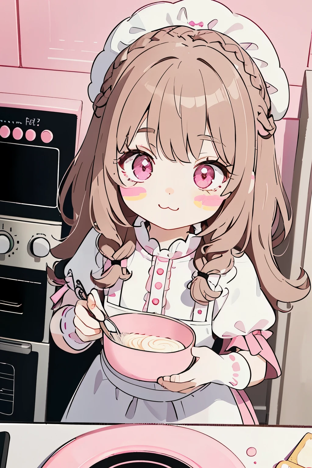  (highest quality), (Super detailed), (whole body: 1.2), 1 girl, , cute, smile,(Colorful and cute kitchen:1.3), pink and black and white gothic lolita clothes, blush, : 3,(banguri and, (light brown hair:1.3),(pink eyes:1.2),(braided long hair),(Fluffy curly hair), (brown eyelash stickers, Bangortiful detailed face), (Beautiful and detailed eyelid body,cuteポーズ,(cooking),(perspective from above:1.2),